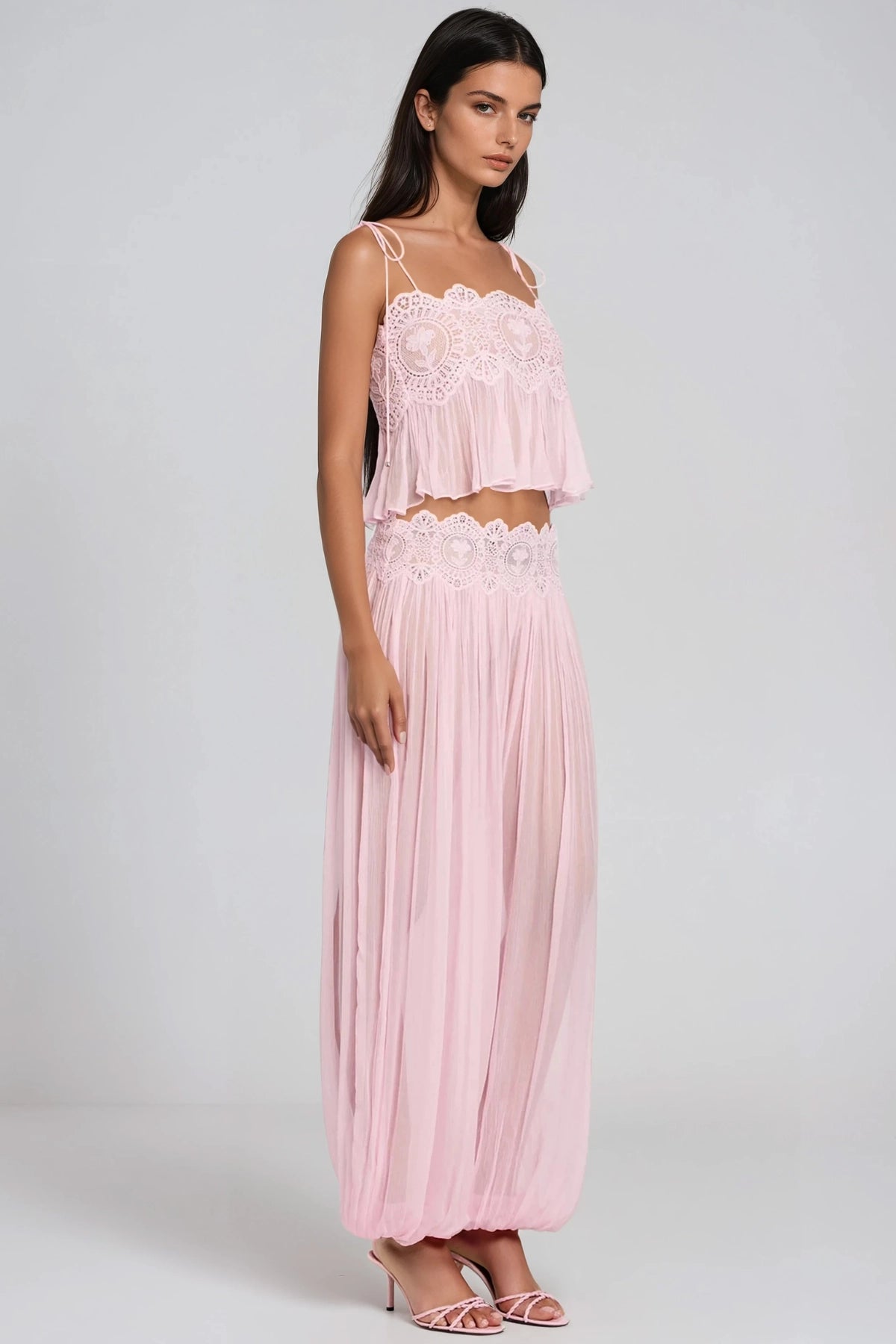 Hanieh Pink Lace Ruched Wide-Leg Pants Set