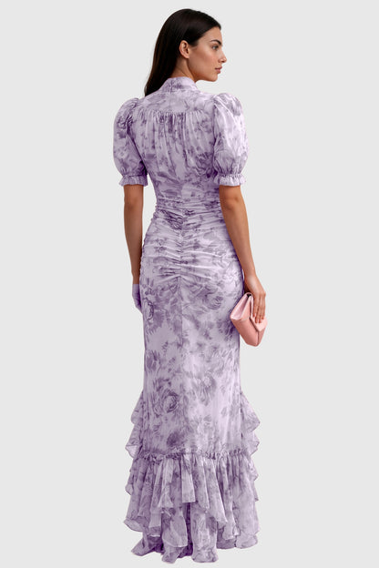 Inola Puff Sleeve Floral Maxi Dress In Purple