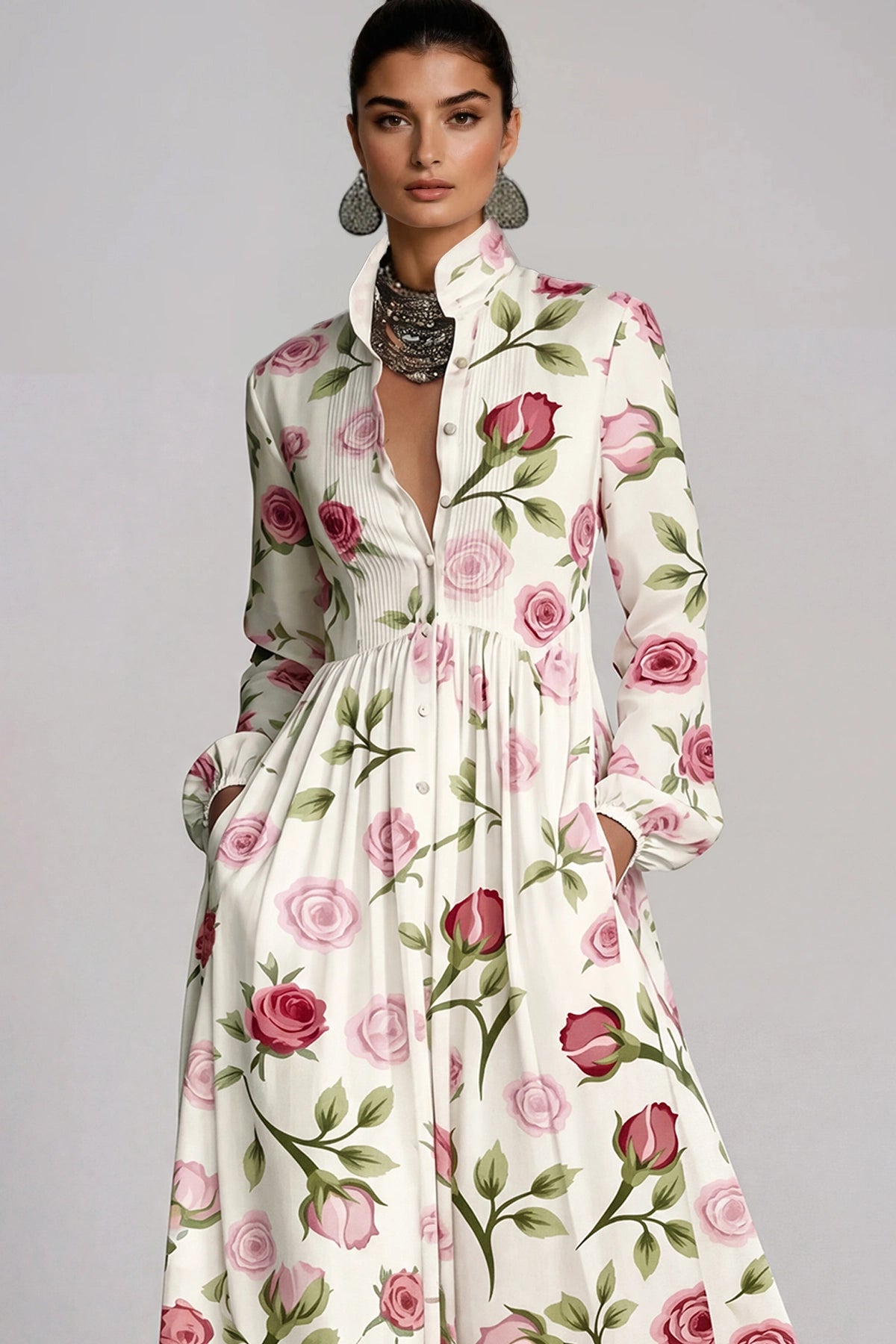 Fizza Rose Garden Plunge-Neck Maxi Dress
