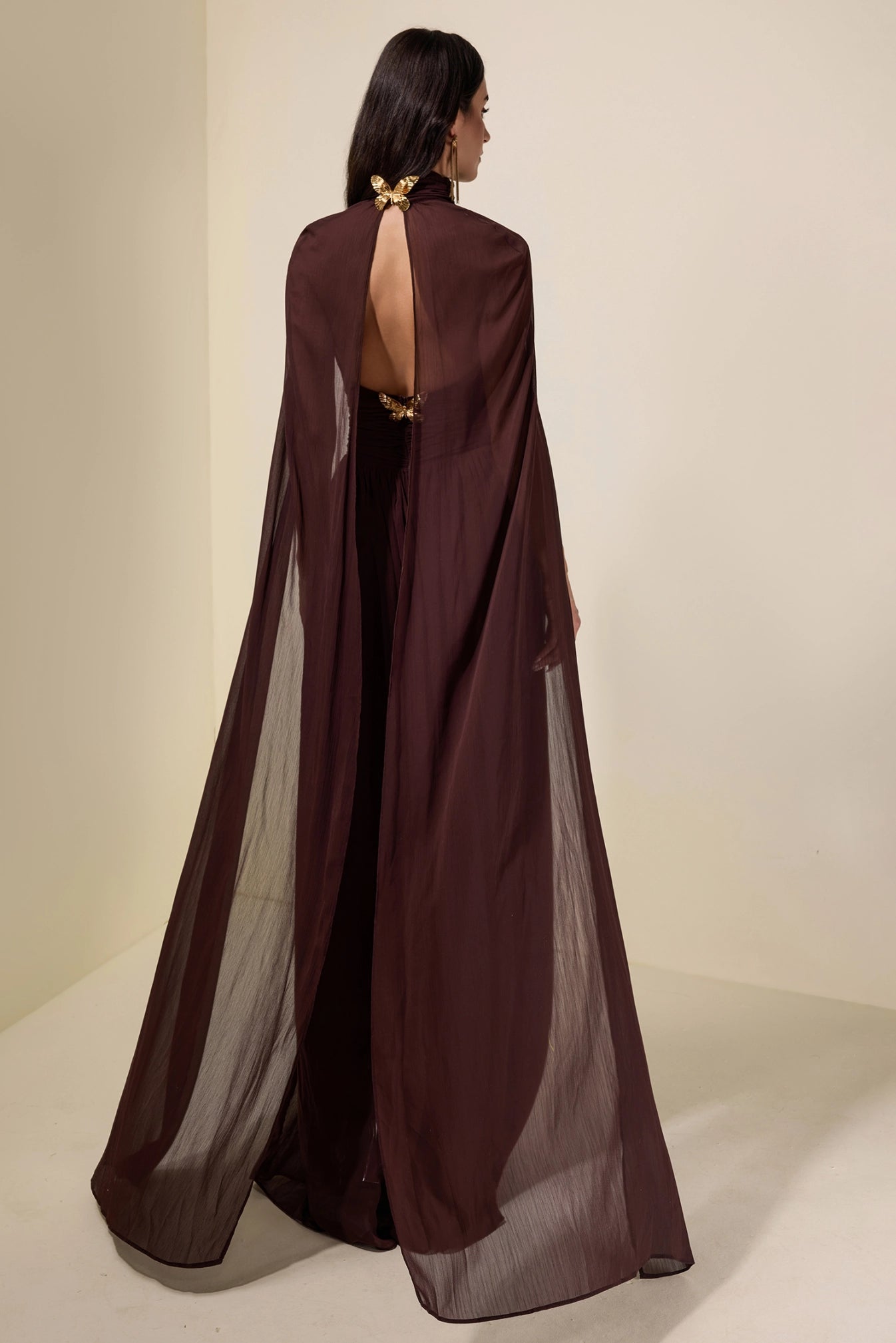 Sabine Cape-Sleeve Maxi Dress Espresso, view 3
