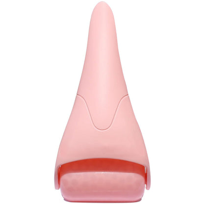 Ice roller massager for face resting on a white surface, showing the cooling facial massage tool's handle and rolling head