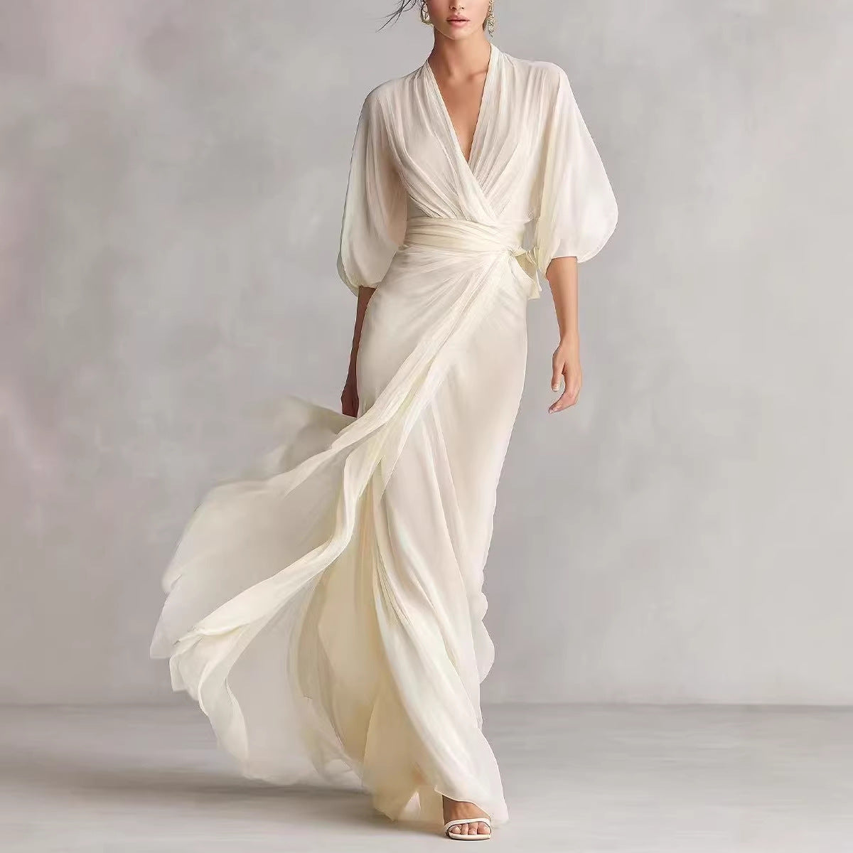 Women's slim-fit A-line long dress in a classic silhouette, styled as elegant office wear for a polished everyday look.