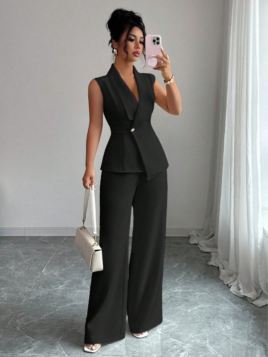 Women's sleeveless blazer and straight-leg pants co-ord set, a polished two-piece workwear suit for women