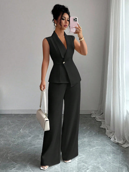 Women's sleeveless blazer and straight-leg pants co-ord set, a polished two-piece workwear suit for women