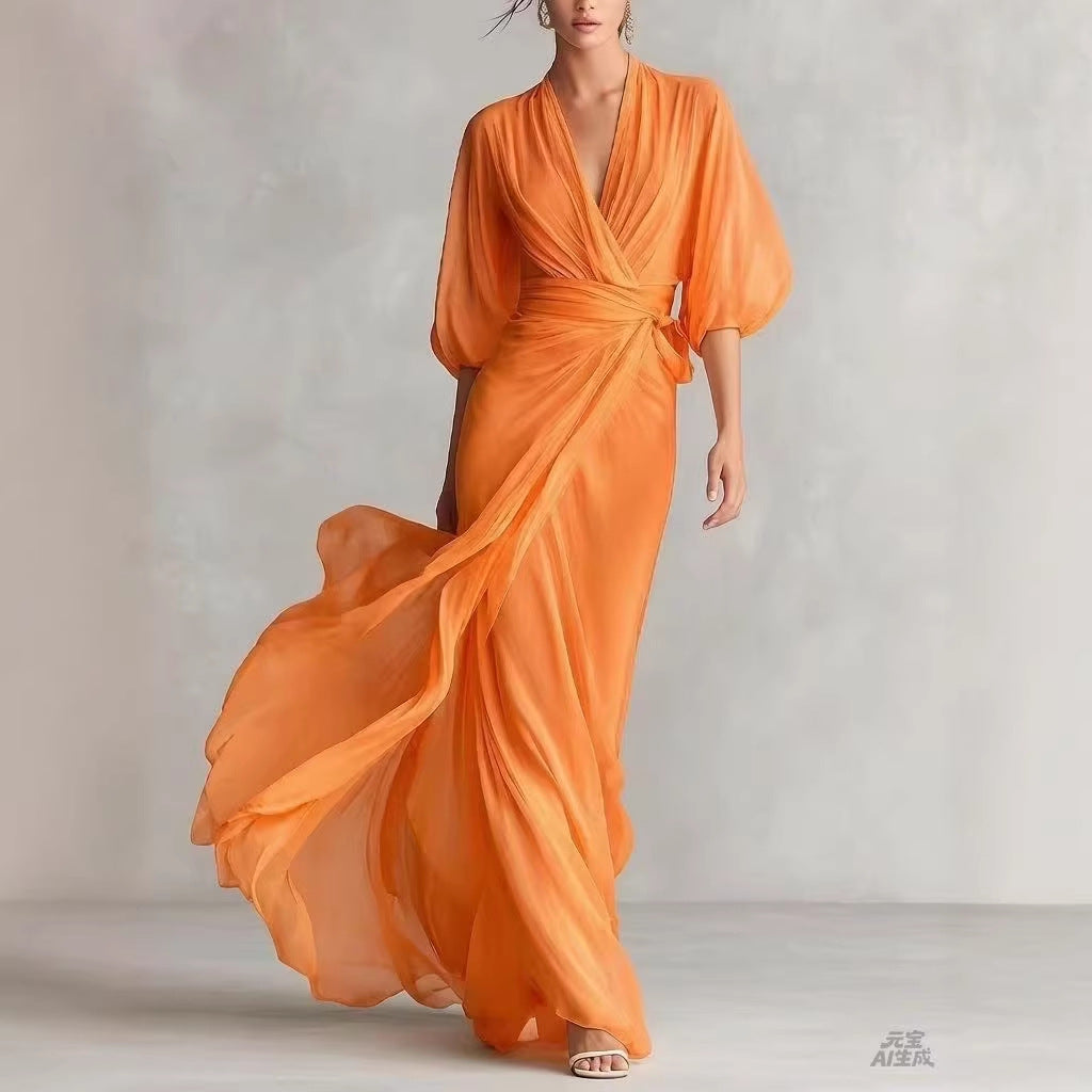 Women's slim-fit A-line long dress in a classic office-ready style, shown from a side angle highlighting the elegant silhouet
