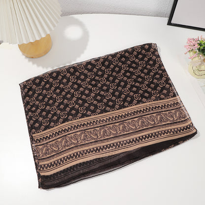 Coffee brown French vintage geometric shawl scarf folded flat, showing woven texture and retro pattern detail