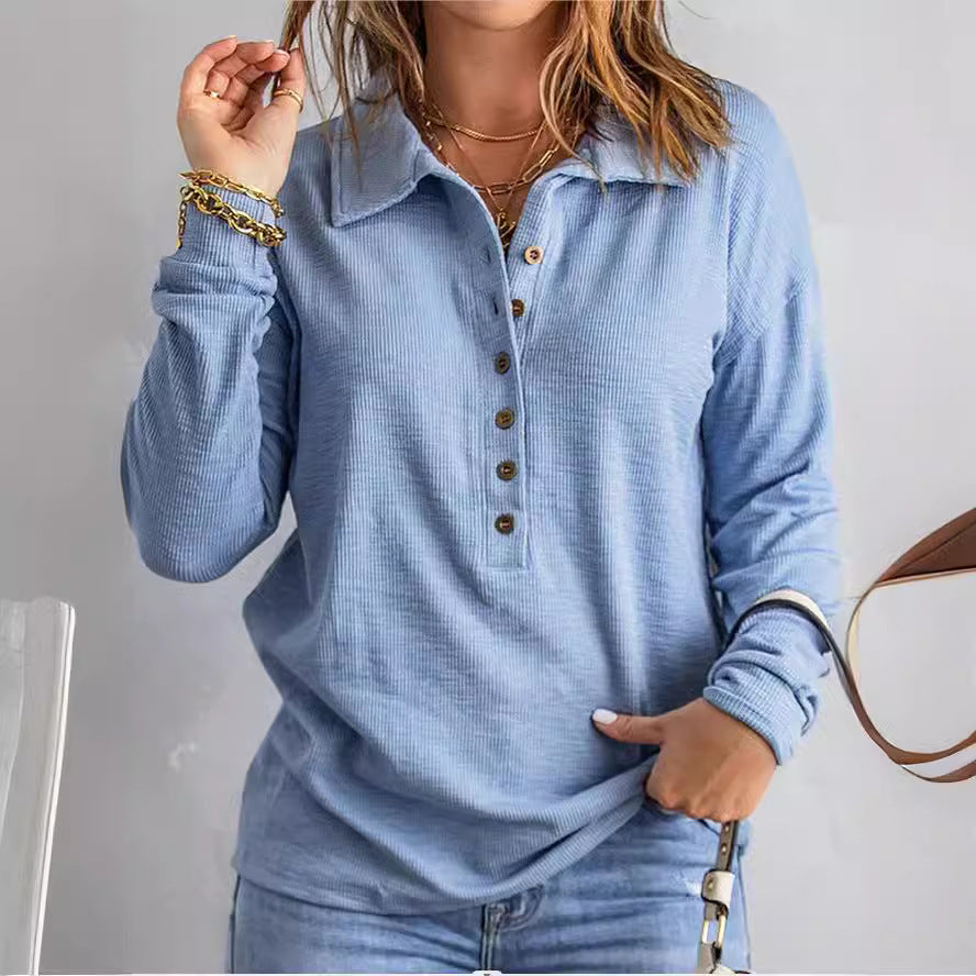 Women's loose casual long sleeve button shirt in a solid color, front view showing relaxed fit and simple everyday style.
