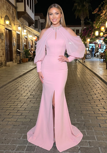 Halter Crystal Draped Maxi Dress Pink