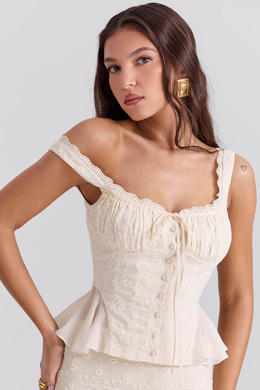 Vintage Cream Cotton Broderie Anglaise Peplum Top