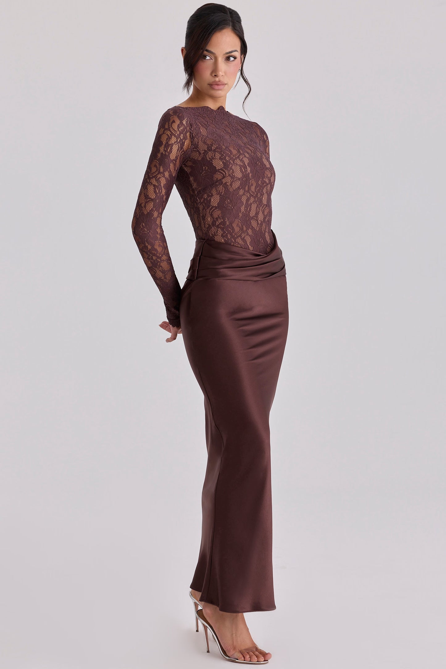 Elara Espresso Lace & Satin Two-Piece Gown
