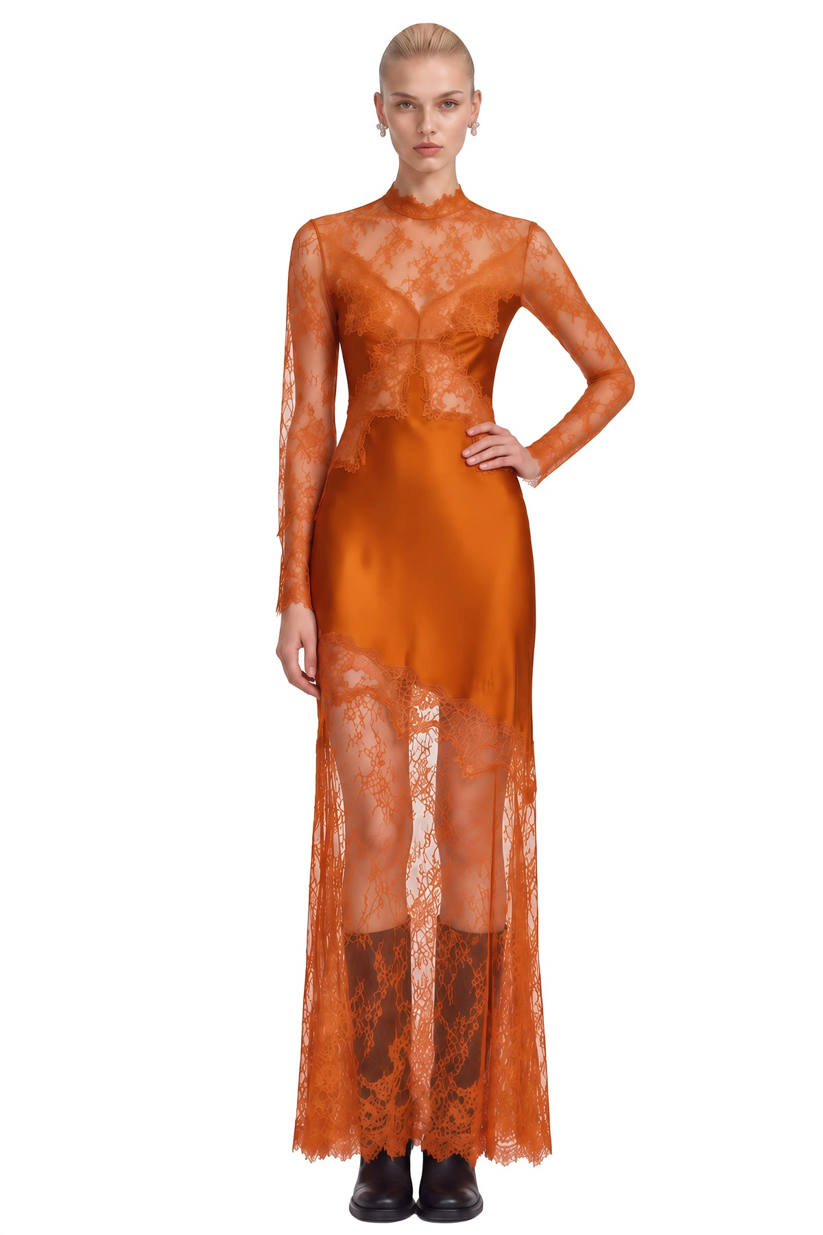 Lace & Satin Maxi Dress Orange