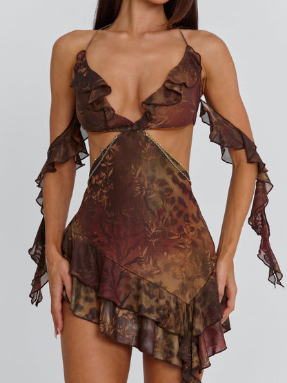Printed Mesh Halter Cutout Dress
