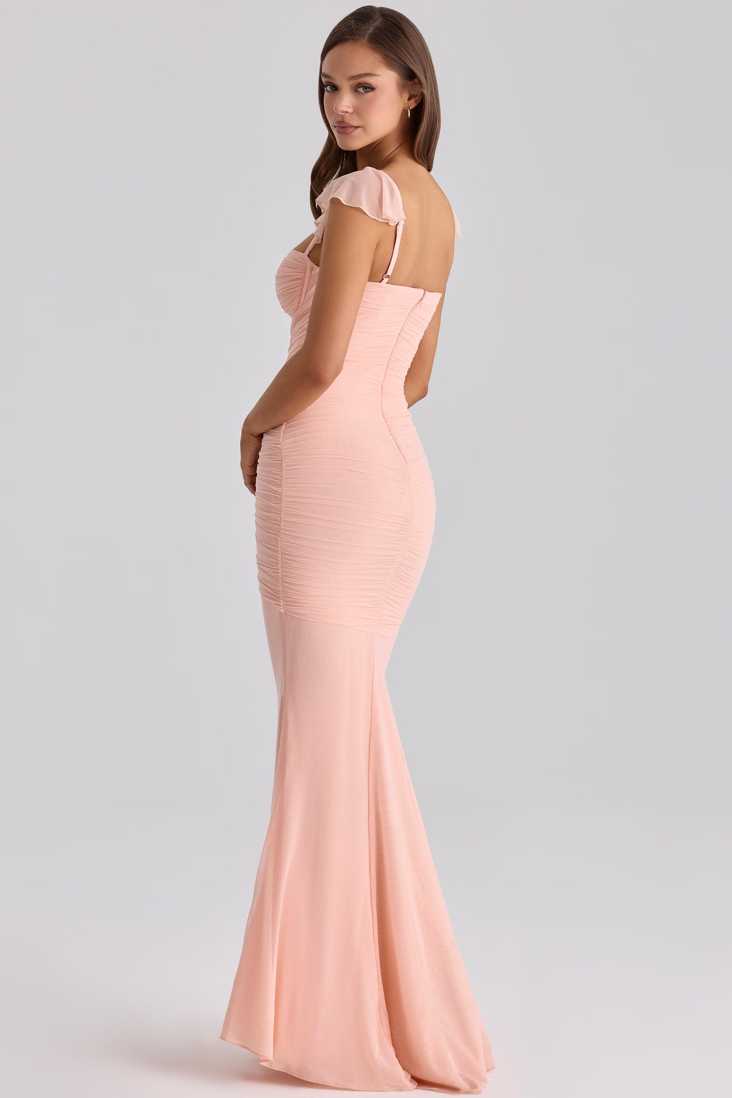 Peach Ruched Mesh Silhouette Maxi Dress
