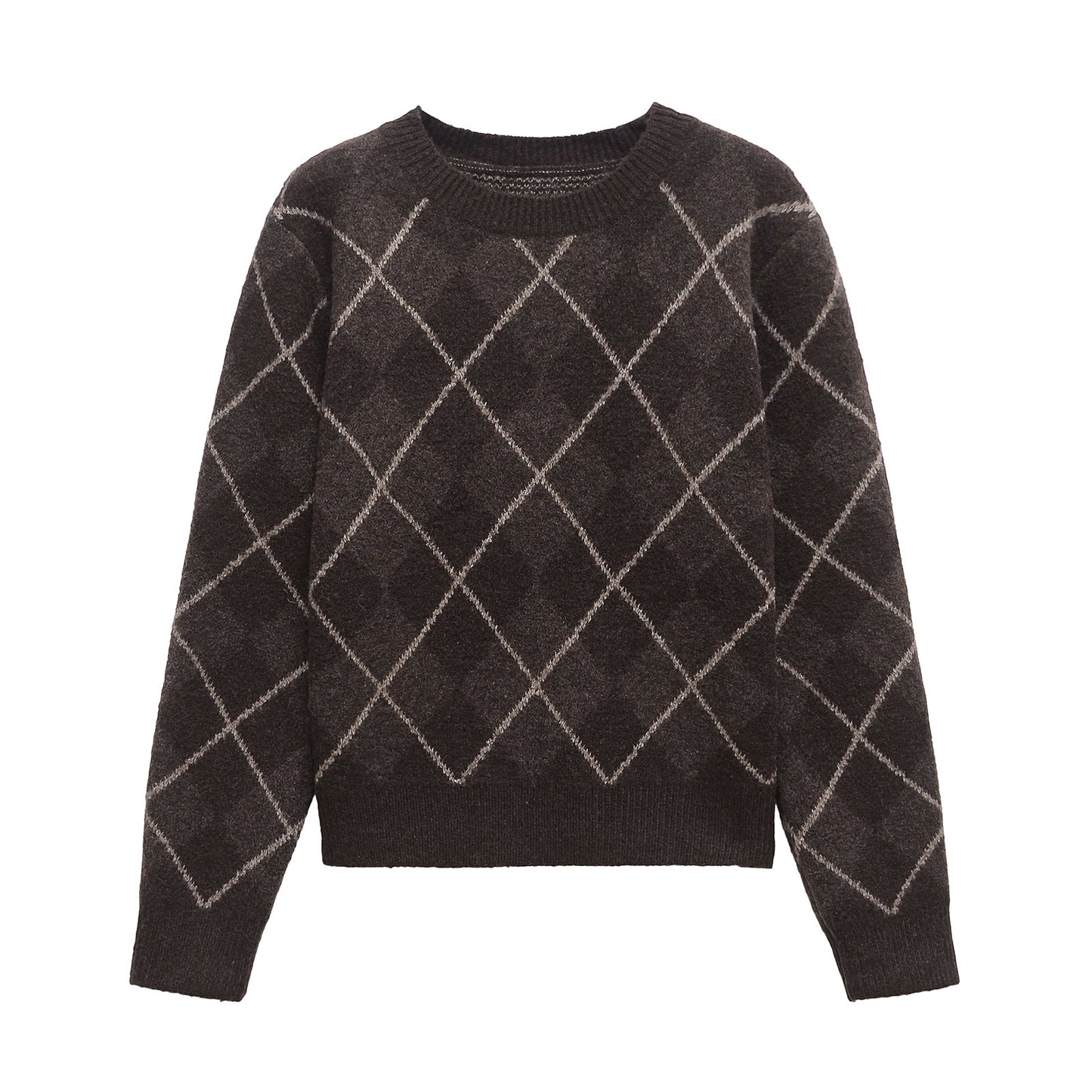 Coffee brown women's crew neck knit sweater with diamond plaid pattern, cozy fall knitwear styled for a relaxed fit