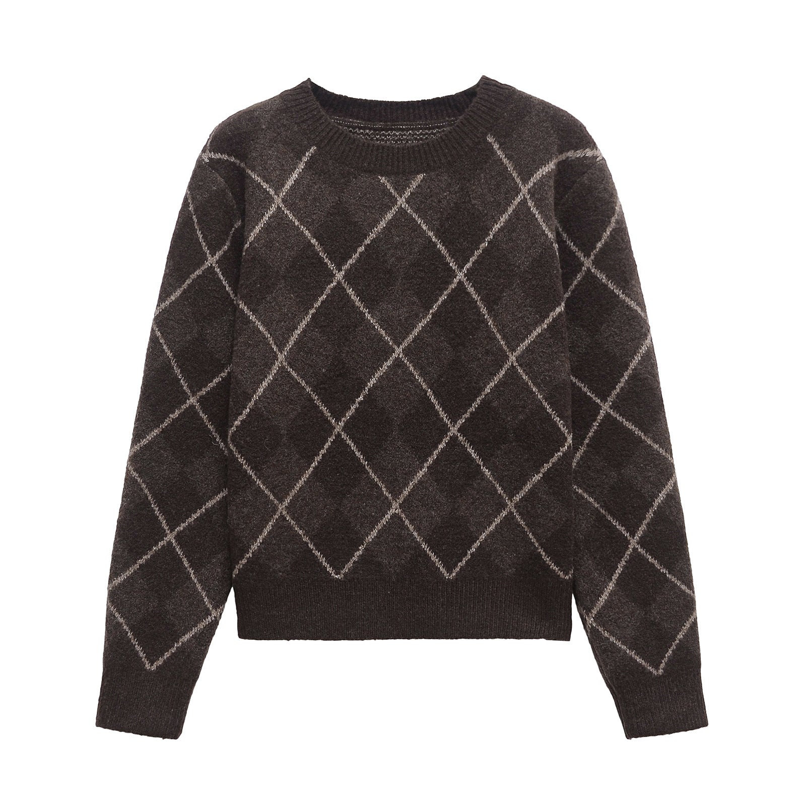 Coffee brown women's crew neck knit sweater with diamond plaid pattern, cozy fall knitwear styled for a relaxed fit
