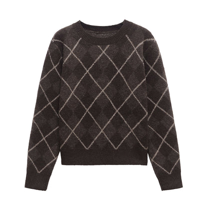 Coffee brown women's crew neck knit sweater with diamond plaid pattern, cozy fall knitwear styled for a relaxed fit