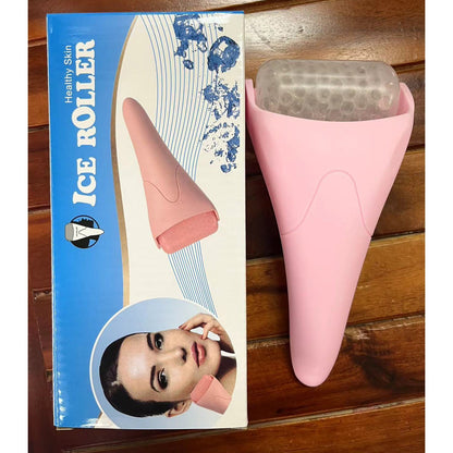 Ice roller massager for face resting on a white surface, showing the cooling facial massage tool's handle and rolling head