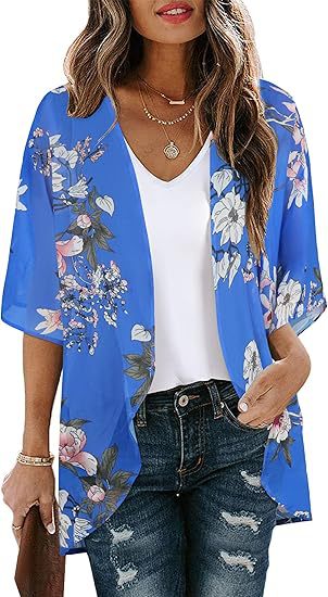 Lightweight floral chiffon cardigan beach cover-up draped open, showing sheer fabric with delicate floral print pattern