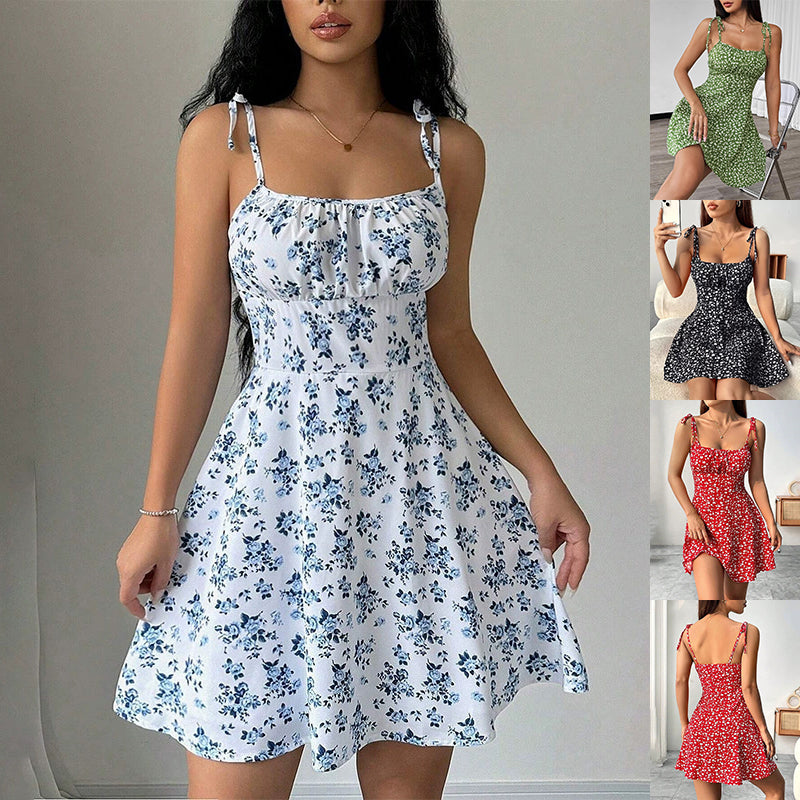 Women's floral print A-line midi dress with a casual summer style, shown in a full-length front view