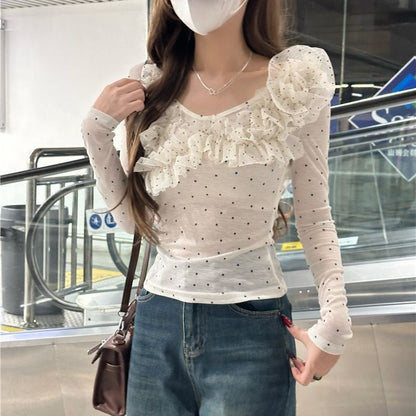 Women's slim-fit long sleeve blouse with polka dot lace detailing, shown in a close-up fabric view