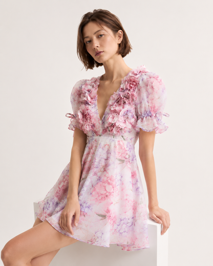 Flare Sleeve V-Neck Mini Dress