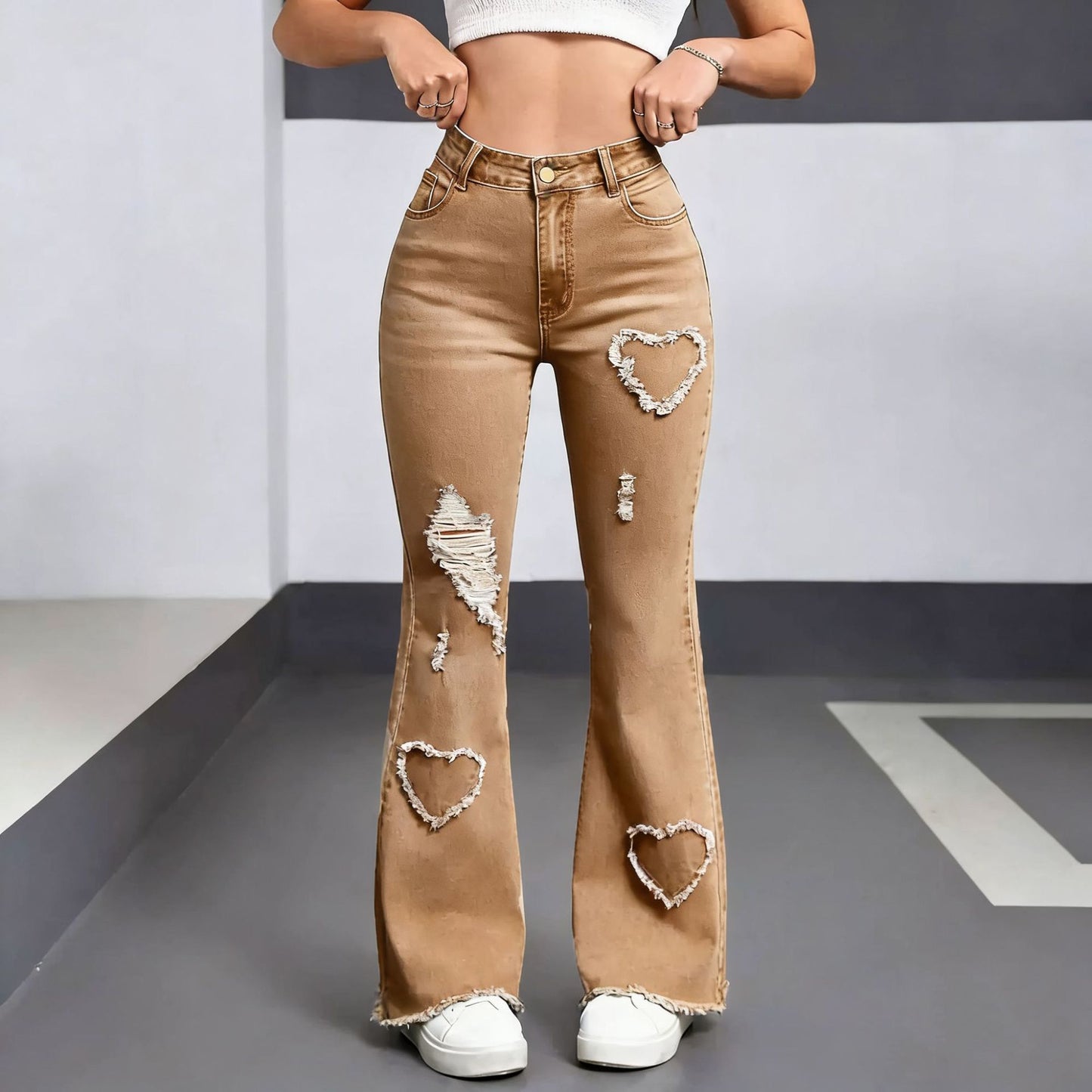 Women's High Waist Flared Denim Jeans with Embroidery & Ripped Details product image 3