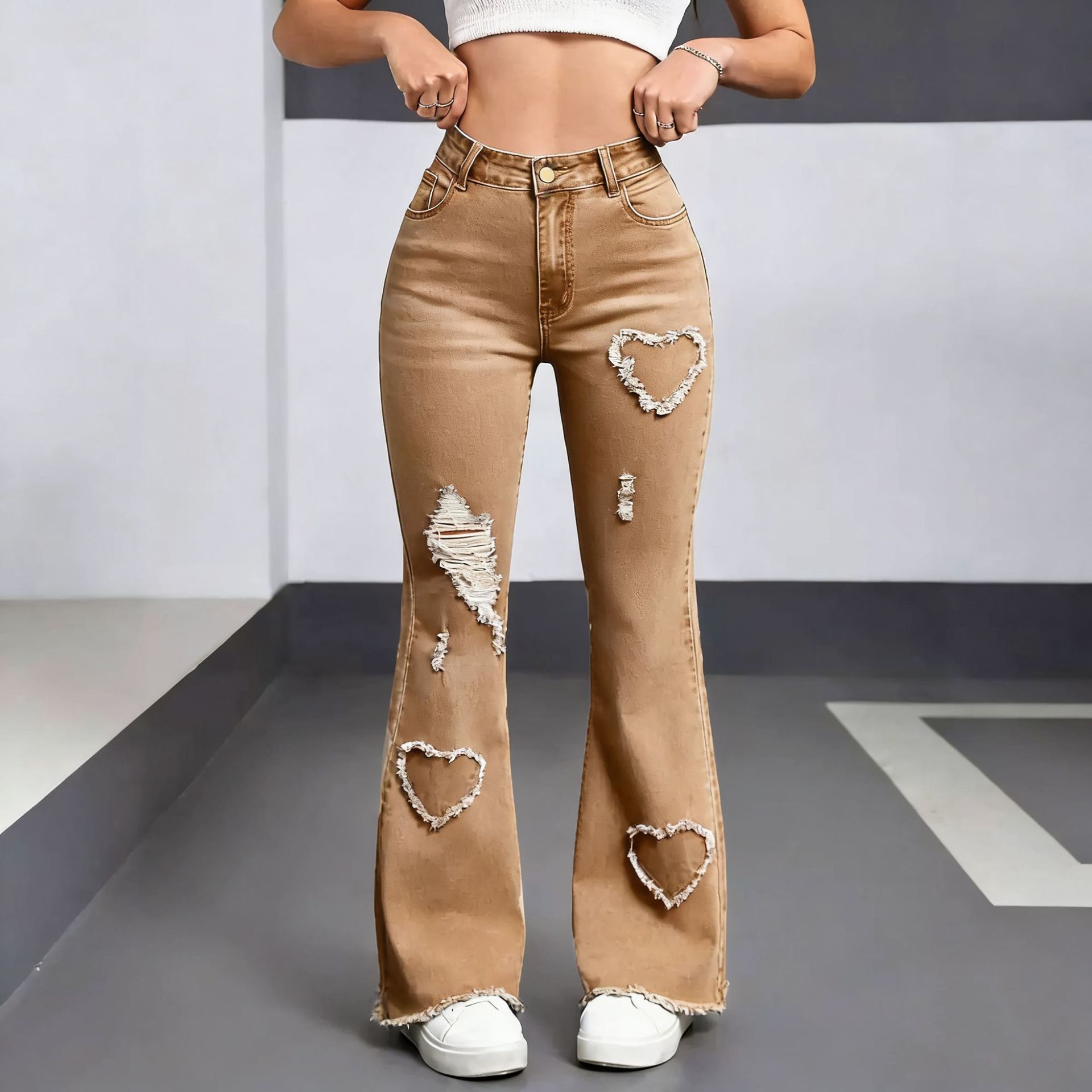 Women's High Waist Flared Denim Jeans with Embroidery & Ripped Details product image 3