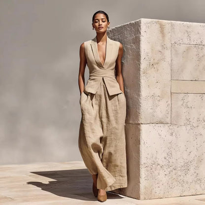 Khaki linen co-ord set with a sleeveless V-neck tank top and relaxed wide-leg pants for women