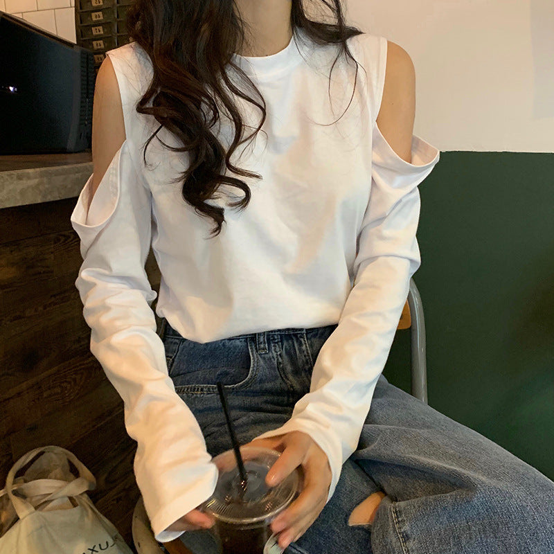 Women's off-shoulder long sleeve top in a stretch fit style, shown from the front