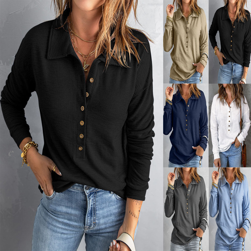 Women's loose fit long sleeve button shirt in solid color, relaxed casual style with a comfortable everyday silhouette