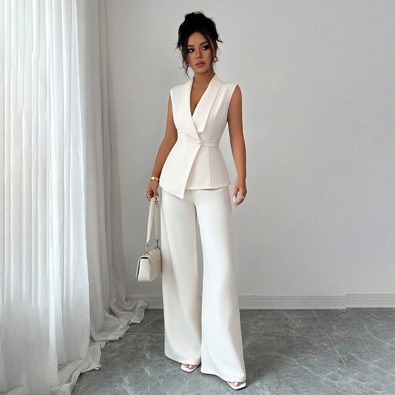 Women's sleeveless blazer and straight-leg pants two-piece co-ord set, a polished workwear suit for women