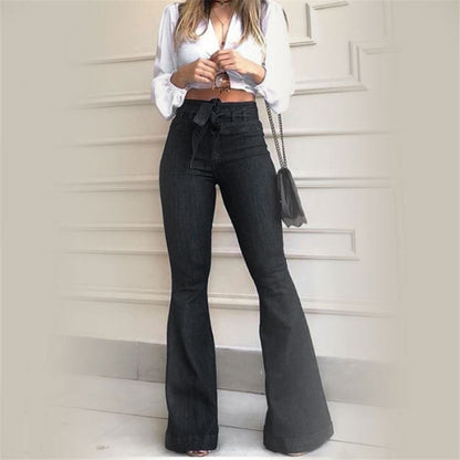 High waist wide leg denim pants with lace-up detail, shown in a flared silhouette for women