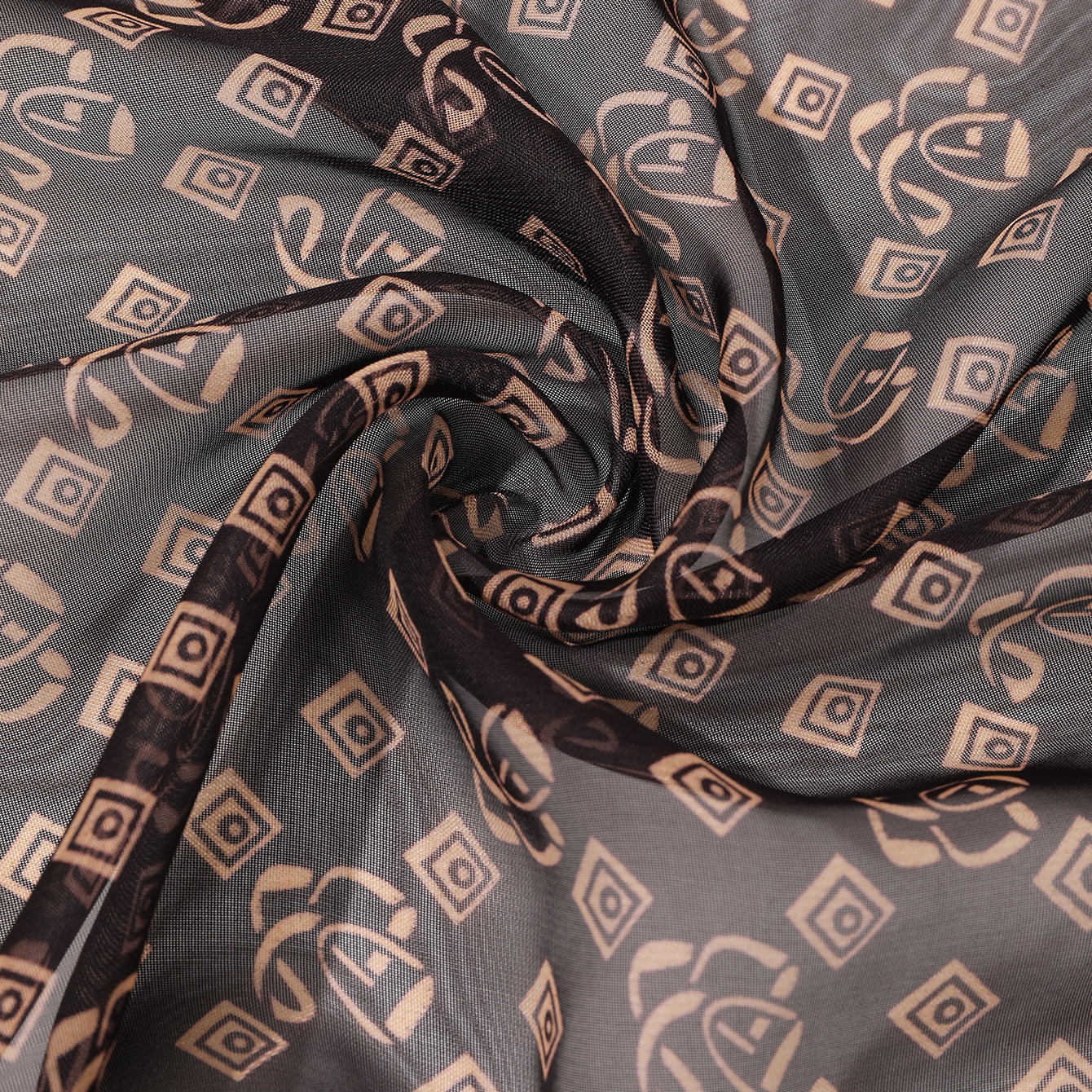 Coffee brown French vintage geometric shawl scarf folded flat, showing woven texture and retro pattern detail
