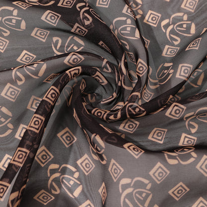 Coffee brown French vintage geometric shawl scarf folded flat, showing woven texture and retro pattern detail