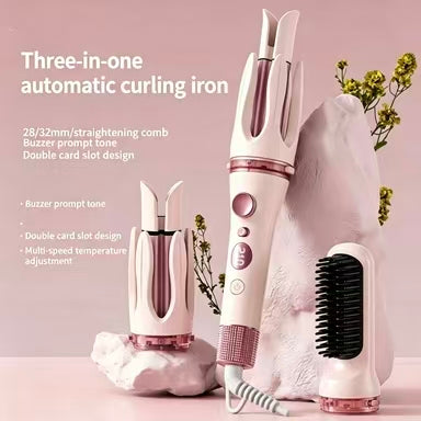 3-in-1 hair curler and straightener shown with three interchangeable barrels laid out on a flat surface