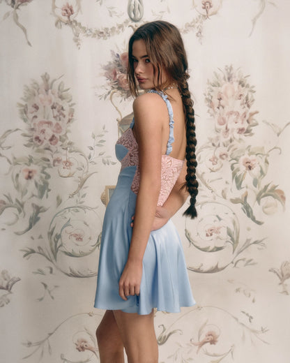 Lilo Satin Lace Slip Mini Dress Blue