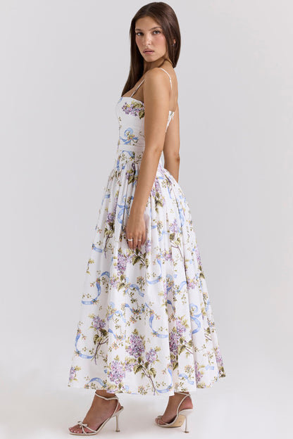 Off White Vintage Ribbon Print Cotton Midi Sundress