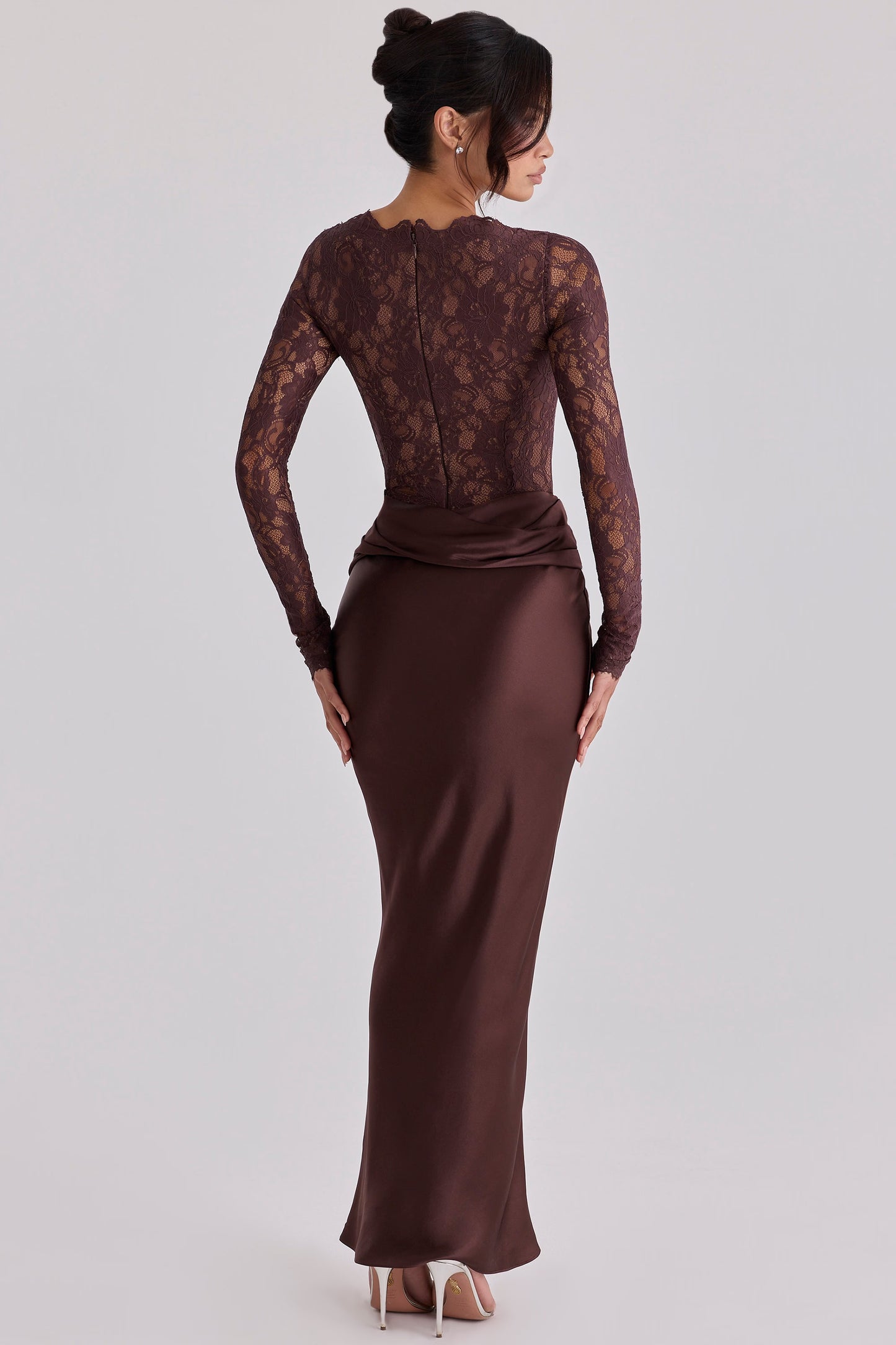 Elara Espresso Lace & Satin Two-Piece Gown