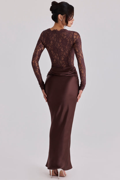 Elara Espresso Lace & Satin Two-Piece Gown