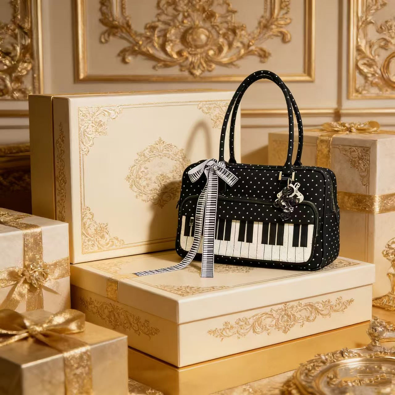 Black and white polka dot shoulder bag with piano key accent, lightweight cotton women's everyday bag