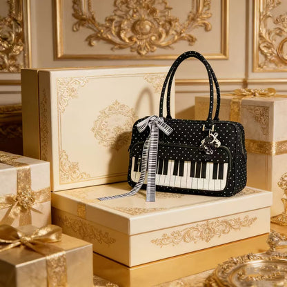 Black and white polka dot shoulder bag with piano key accent, lightweight cotton women's everyday bag