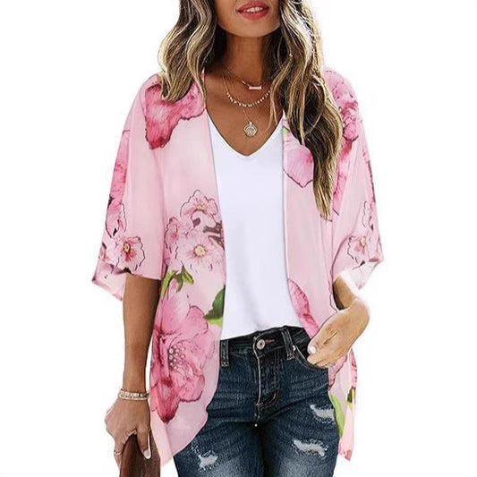 Lightweight floral chiffon cardigan beach cover-up blouse with sun-protective fabric, perfect as a women's summer layering pi