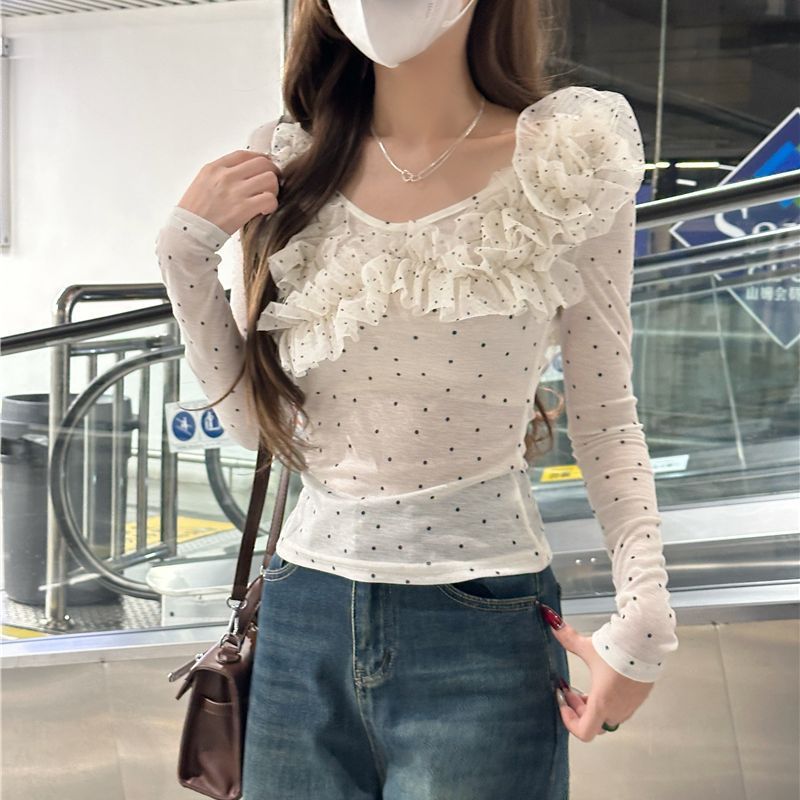 Women's slim-fit long sleeve blouse featuring a polka dot lace fabric in a classic feminine style
