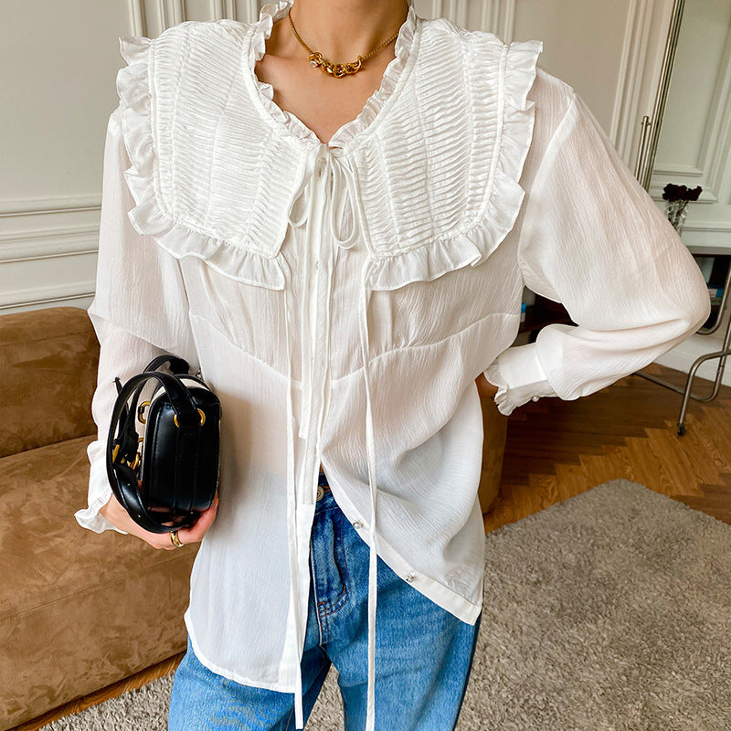 Women's Tencel Ruffle Trim Long Sleeve Blouse | Elegant French Style product image 9