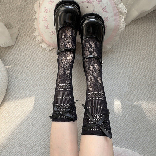 Women's Korean jacquard lace calf socks with delicate floral pattern, JK style knee-high design in white