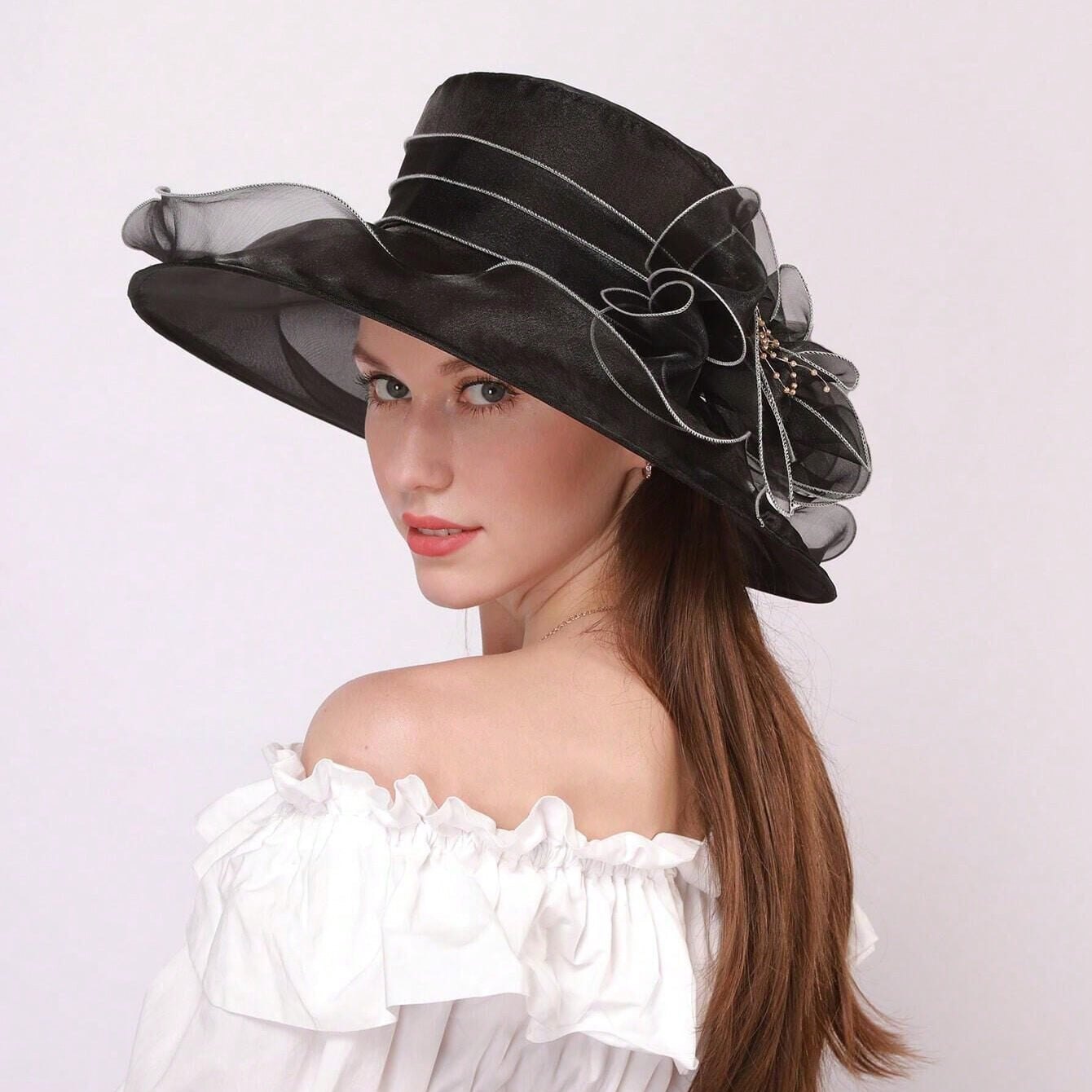Chiffon flower fisherman hat for women in a lightweight sun-protective style, featuring a delicate floral accent for elegant 