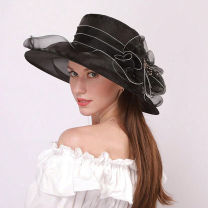 Chiffon flower fisherman hat for women in a lightweight sun-protective style, featuring a delicate floral accent for elegant 