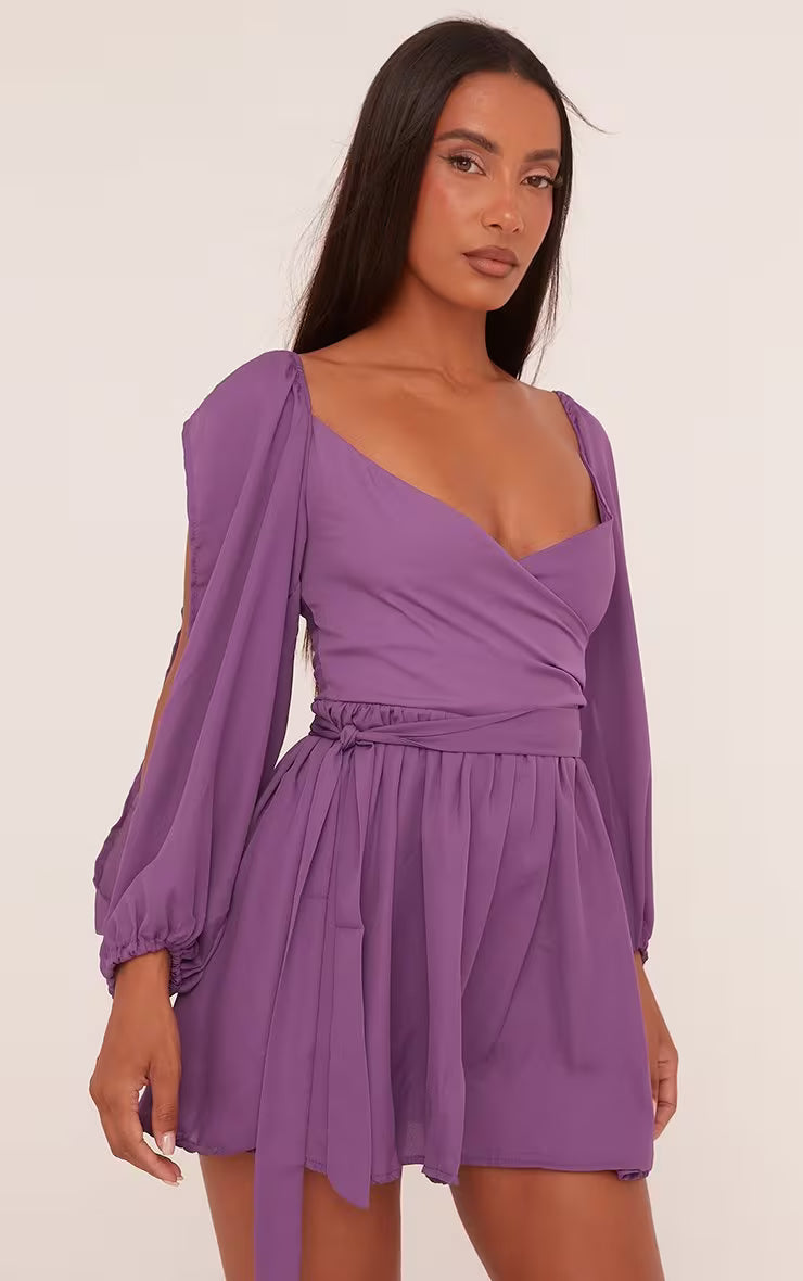 Puff Sleeve Lace-Up Wrap Dress
