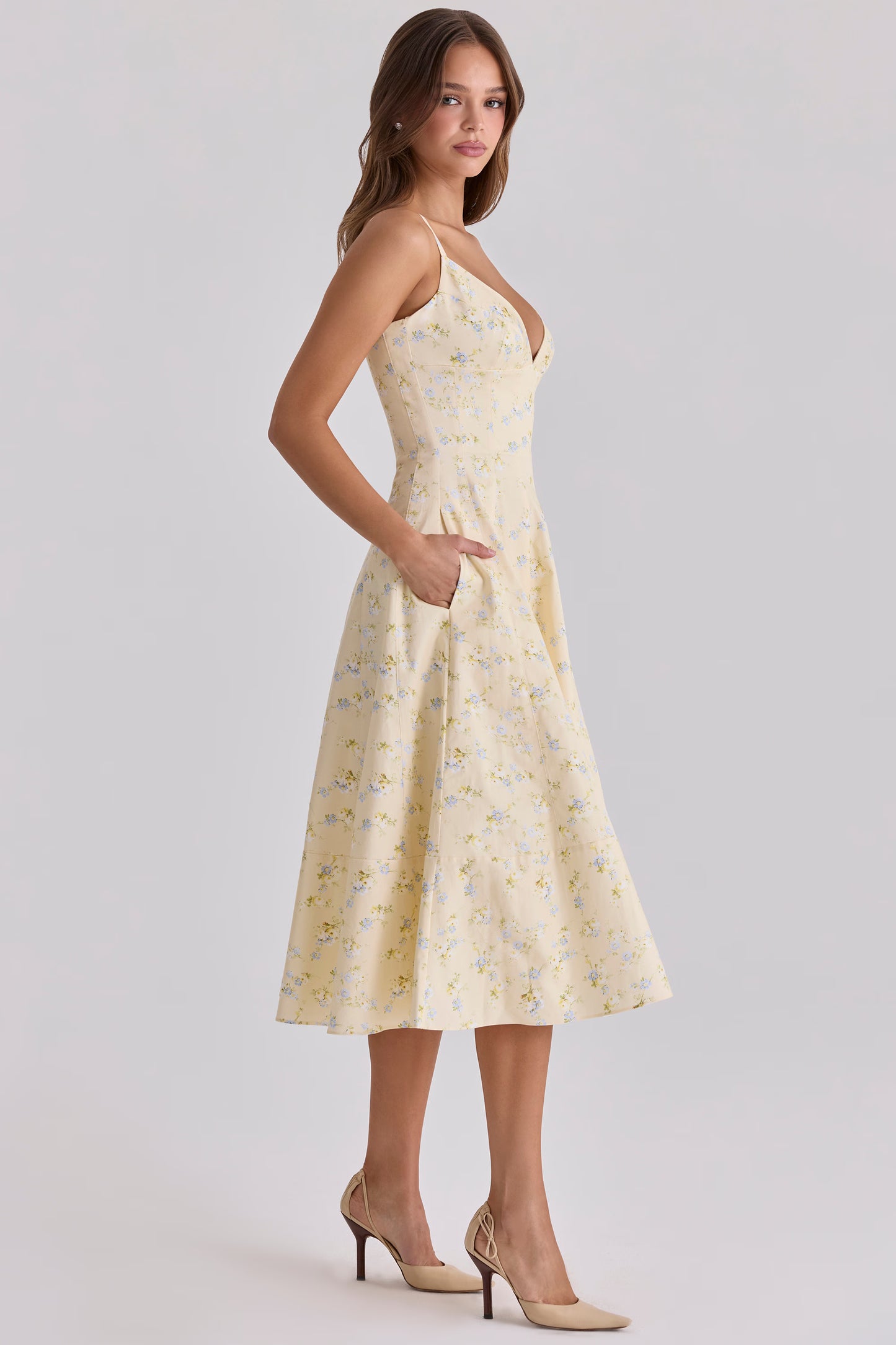 Lemon Floral Print Strappy Midi Sundress