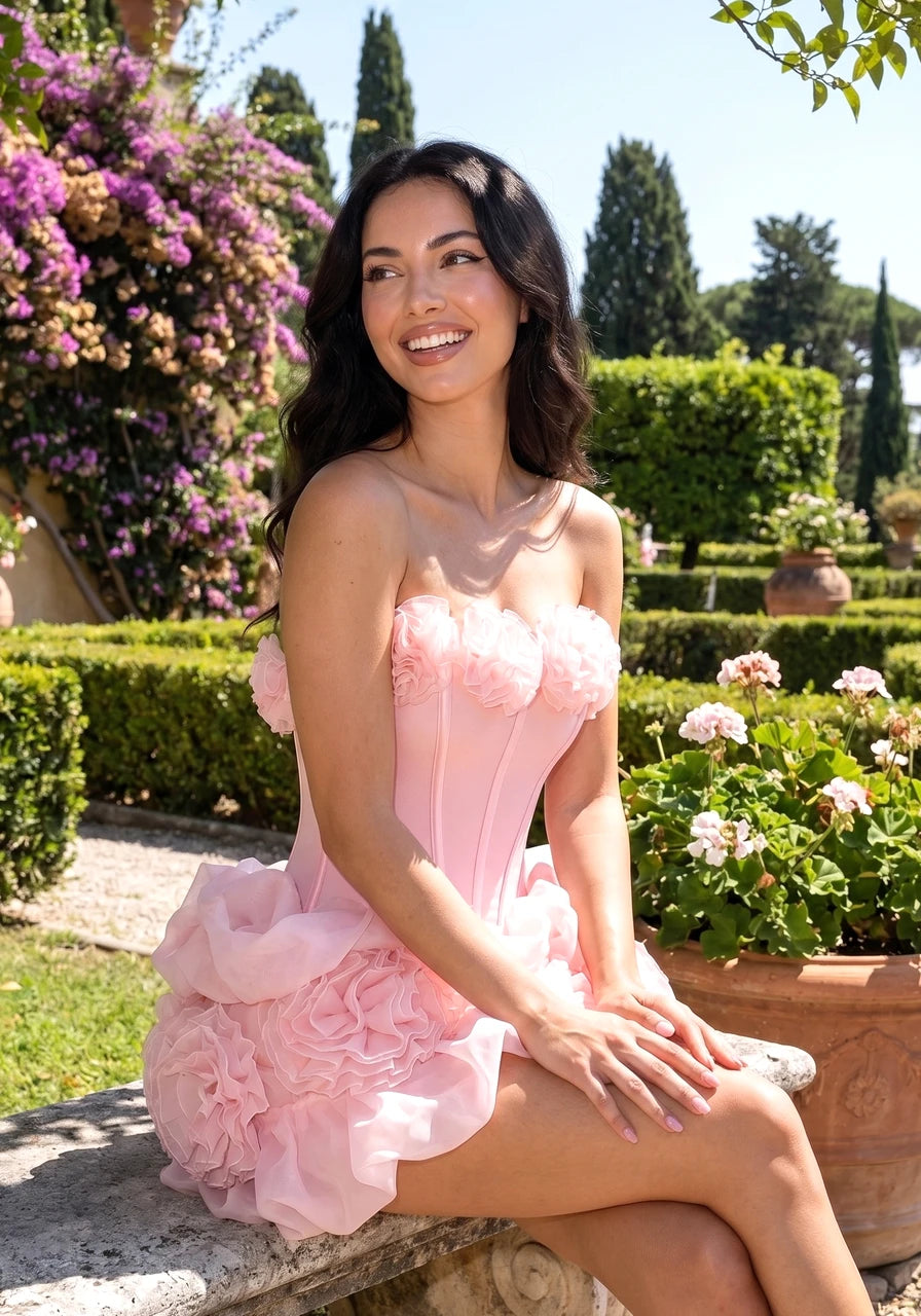 Strapless Floral Mini Dress Pink